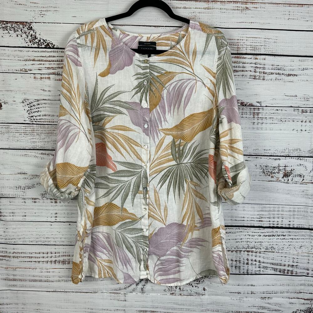 Tahari Tropical Leaf Print 100% Linen Button Front 3/4 Sleeve Blouse Womens 2X